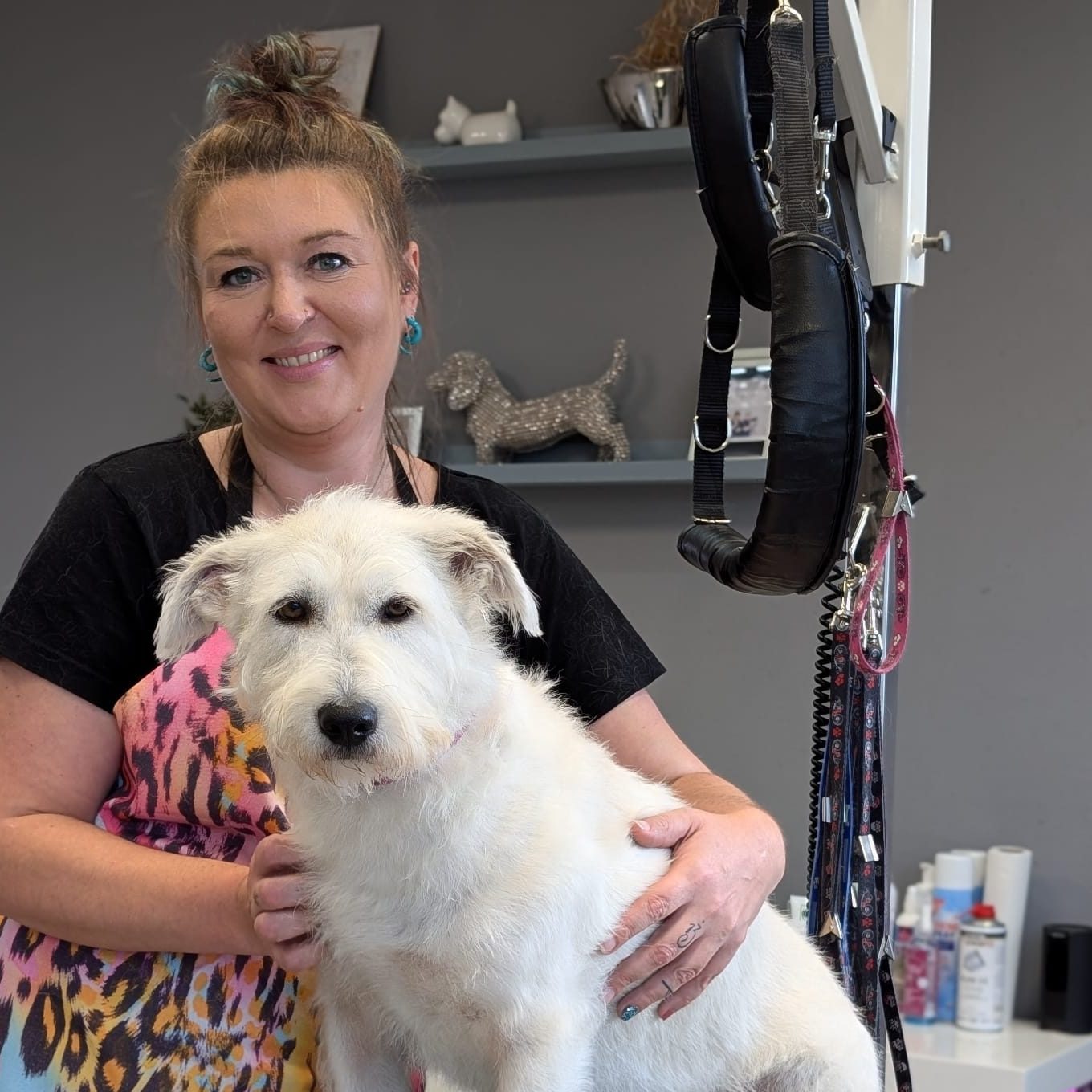 Katharina vom Hundesalon Fell Duell mit einem weißen Hund im Salon